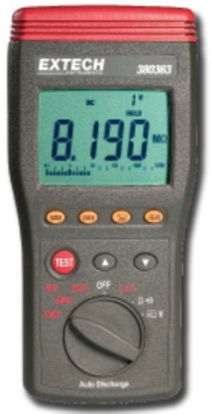  Extech 380363 Digital High Voltage Insulation Tester; Test voltages 250V, 500V and 1000V; Measure Insulation Resistance to 10GOhms; Large LCD display with analog bargraph; Lo ohms function for testing connections; Automatic discharge of capacitive voltage charges; AC/DC voltage measurement up to 999V; Manual data record and read function (9 sets); Live circuit display warning and beeper; UPC 793950383636 (380363 380-363 380 363)