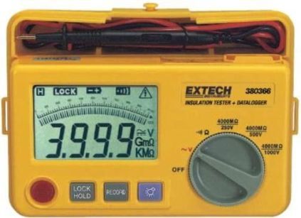 Extech 380366 Insulation Tester and Datalogger, Datalogging function stores up to 16,000 readings with single store or a programmable rate of 1 to 65,000 seconds per sample, Large dual 4000 count backlit LCD and fast 50 segment analog display, Measure up to 600V AC, RS-232 PC interface with Windows 95/98/NT/2000/ME/XP compatible software, UPC 793950383667 (380-366 380 366 380366)