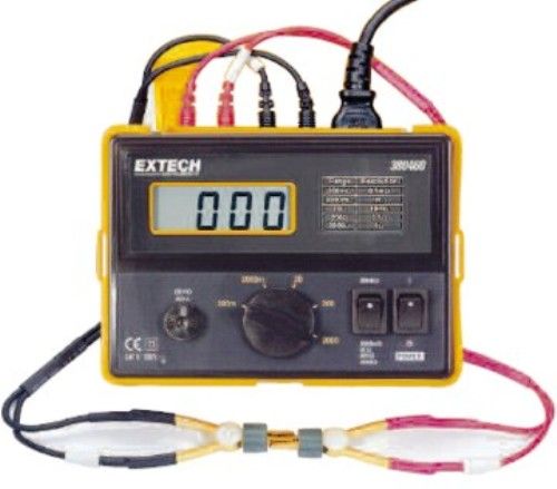 Extech 380462-NIST Precision MilliOhm Meter 220VAC with NIST Certificate; High accuracy and performance for low resistance measurements; Large 0.7 in. LCD 1999 count; 4-wire cables with Kelvin clip connectors; Manual zero display adjust (380462NIST 380462 NIST 380-462 380 462)