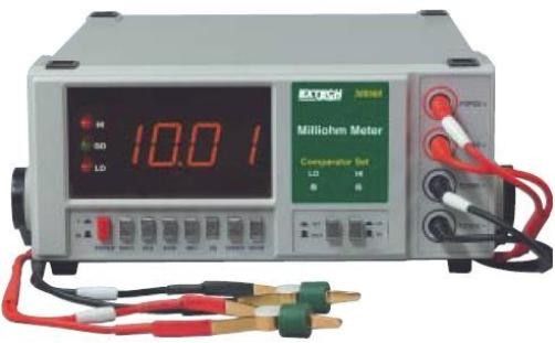 Extech 380562 High Resolution Precision Milliohm Meter; 7 ranges for wide 20.00 mohm to 20.00 ohm low resistance measurements; High resolution to 0.01 mohm; 1999 count display with large 0.8 in. digits; 220V more or less 15 percent, 50/60Hz Power Supply; Built-in comparator for Hi/Lo/Go resistance testing or selection; Automatic zero; Built-in comparator for Hi/Lo/Go resistance testing or selection; UPC 793950385623 (380562NIST 380562-NIST MILLIOHM)