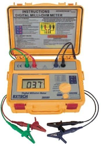 Extech 380580 Battery Powered Milliohm Meter, Four terminal Kelvin measurements, Over-temperature and over-voltage protection, 5 ranges with 100 mohm max resolution, Large 2000 count LCD display, Auto-Hold and Auto-Off features, 20V test voltage, UPC 793950385807 (380-580 380 580)