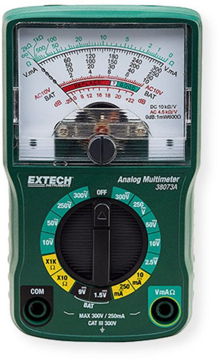 Extech 38073A Mini Analog MultiMeter; Easy to read color coded analog display; Measure AC DC Voltage, DC Current, Resistance and Decibel; 4 percent full scale basic accuracy; Battery test on 9V and 1.5V batteries; Complete with test leads and 1.5V AA battery; UPC 793950381731 (38073A 38073-A MULTIMETER-38073A EXTECH38073A EXTECH-38073A EXTECH-38073-A)