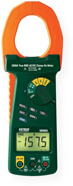 Extech 380926-NIST Digital Clamp Meter with NIST 380926, DMM, 2000A, AC/DC, TRMS; Full range MultiMeter functions with high resolution to 0.1 uA/0.1mV; AC/DC Current via clamp with 0.1A resolution; Large jaw size for high Current measurements; Duty Cycle function; Large Backlit display; Push button Zero adjust improves DC accurac; UPC 0793950389270  (380926NIST EXTECH-380926-NIST EXTECH-380926-NIST EXTECH380926NIST)