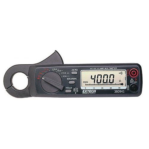 Extech 380941 AC/DC Mini Clamp Meter, Large 4000 count LCD display with full function indication, Fast 40 segment analog bargraph, One touch Auto Zero for DC Current measurements, Data hold, Max/Min recall display, 0.9 in. clamp jaw opening, Overload protection to 400A DC, High resolution to 10mA AC/DC, UPC 793950389416 (380941 380 941 380-941)