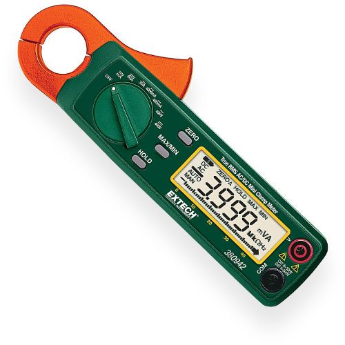 Extech 380942 True RMS AC/DC Mini Clamp, 30A; Low AC/DC Current measurements with high resolution to 0.1mA AC and 1mA DC; Voltage measurements using test leads; Fast 40 segment bargraph; One touch Auto Zero for DC Current measurements; Min/Max; Data hold and Auto power off; UPC: 793950389423 (380942 380-942 380 942)