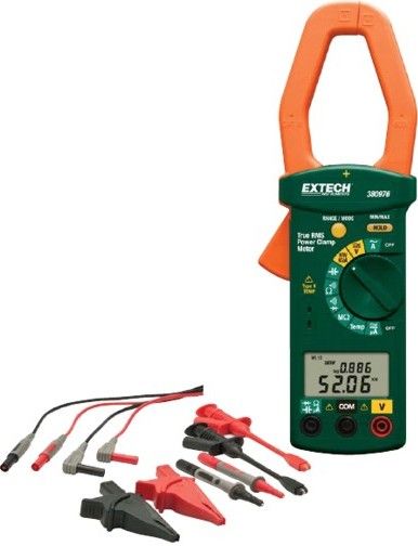 Extech 380976-K-NIST Single Phase/Three Phase 1000A AC Power Clamp Meter Kit with Calibration Traceable to NIST Standards; 1.6 in. clamp jaw opening and large dual LCD display (9999 count); Measures 1/3-Phase True Power (kW), Apparent Power (kVA), Reactive Power (kVAR), Horsepower (HP), Power Factor and Phase Angle with Lead/Lag indicator; UPC: 793950389782 (380976KNIST 380976K-NIST 380976-KNIST 380976-K)