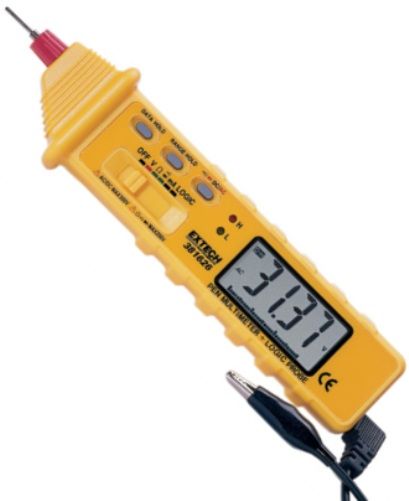 Extech 381626 Pen MultiMeter with Logic Test, Autoranging multimeter with 8 functions including Current and Logic Test, Large 3200 count high contrast LCD display with bargraph, Auto Power off to conserve battery life, AC/DC Voltage & Current, Resistance, Diode/Continuity, Autoranging with Data Hold and Range Hold functions, UPC 793950386262 (381-626 381 626)