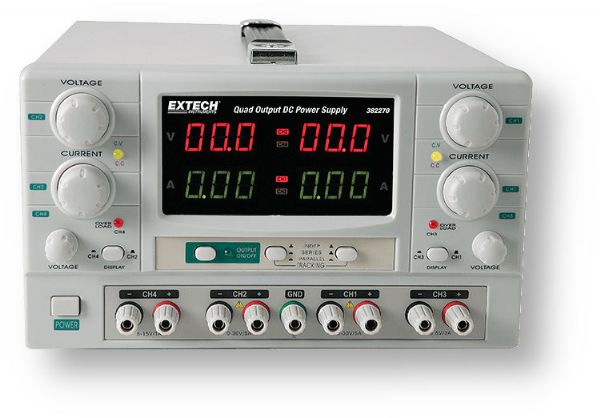 Extech 382270-E Power Supply Quad Output DC w/EU Power Cord; Two fully adjustable supplies combined with two auxiliary outputs; Two 0 to 30V/0 to 5A outputs with selectable Constant Voltage and Constant Current modes; Outputs up to 60V in series mode or 10A in parallel mode; Dimensions 10.2