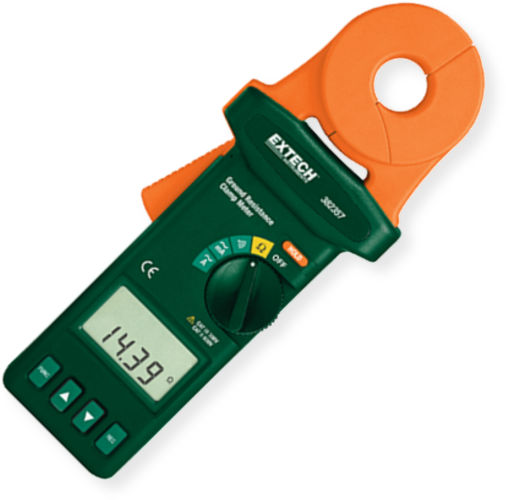 Extech 382357-NIST Clamp-On Ground Resistance Tester with NIST Certificate; Autoranging ground resistance measurements from 0.03 to 1500 with 0.02 resolution; Auto power off; True RMS AC Leakage current range of 0.2mA to 30A with 1.000mA maximum resolution; Programmable Datalogging with 116 data points; Programmable Hi/Lo Alarm; UPC: 793950383582 (382357NIST 382357 NIST 382-357 382 357)