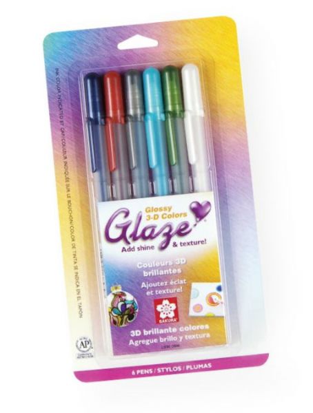 Glaze 38371 3D Glossy Pen 6-Pack; Pen offers 3-D raised lines and glossy lettering; Perfect for rubber-stampers, scrapbookers who want to create a 3-D, raised effect on any nonporous surface; AP non-toxic and water resistant; Set includes 6 pens: Sepia, Turquoise, White, Gray, Hunter Green, Royal Blue; Colors subject to change; Shipping Weight 0.2 lb; Shipping Dimensions 7.5 x 5.00 x 0.5 in; UPC 053482383710 (GLAZE38371 GLAZE-38371 38371 LETTERING)