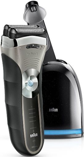 Braun 390CC-4 Series 3 Shaver with Clean & Charge System, Triple Action FreeFloat System, Triple Action Cutting System, Clean & Charge Station, SensoFoil, Precision trimmer, 100% waterproof,  Precision head lock, LED display for low charge & battery status + hygiene status, Rechargeable Ni-MH battery, Full charge in 1 hour for 45 minutes of shaving time, UPC 069055868591 (390CC4 390-CC-4 390CC 4)