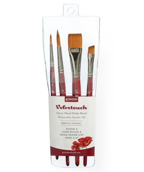 Princeton 3950SET100 Velvetouch Professional 4-Piece Set; Velvetouch is comprised of a multiple-filament, luxury synthetic blend for excellent color-holding capacity, precision tapering and resilient spring; The blend of synthetic is unique to each individual shape to ensure maximum performance; Comfort is ensured with our smooth, signature Velvetouch handle; UPC 757063395474 (PRINCETON3950SET100 PRINCETON-3950SET100 PAINTING)