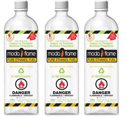 Moda Flame 3QTF 1 Liter Bio-Ethanol Indoor Fireplace Fuel (3 Bottles); Proudly Made in the USA; World's Only SAFETY-POUR Bottle; Ecological + Sustainable; BITR Added for Child Safety; Safe for Indoor Use; Clean, Pure Plant-Based Fuel; UPC 799928943451 (3QTF 3-QTF)
