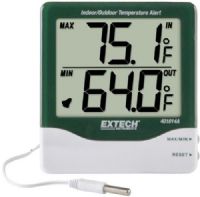 Extech 401014A Big Digit Indoor/Outdoor Temperature Alert Indicator; Large LCD with Easy-to-read 1" (25mm) Digit Size; 0.1°F/°C Resolution and Basic Accuracy of ±1.8°F (±1°C); User Programmable High/Low Audible Alarms for Outdoor Temperature; Water Resistant/Splash Proof Sensor with 9.6ft (3m) of Thin Cable for Remote Temperature Measurements; UPC 793950411148 (40-1014A 401-014A 4010-14A 401014) 