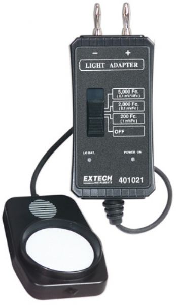 Extech 401021 Foot Candle Light MultiMeter Adaptor, Status LED on Front panel of Adaptor-Low battery indication, 006P DC 9V battery Power Supply, Exclusive photo diode & color correction filter spectrum designed to meet C. I. E., 0 to 50000Lux, 1mV/Fc or Lux output and CE approved 5% accuracy Three ranges, UPC 793950410219 (401021 401-021 401 021)