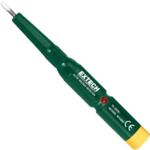 Extech 401050 AC/DC Voltage Detector, Contact AC Voltage from 70 to 250VAC, Non-contact AC Voltage from 70 to 600VAC, Contact DC/Polarity Check from 1.5 to 36VDC, Continuity Check from 0 to 5M Ohms, Self Test insures proper battery installation and bettery life, Complete with two button batteries, UPC 793950401507 (401-050 401 050)