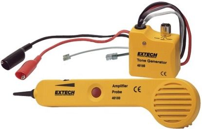Extech 40180 Tone Generator and Amplifier Probe Kit, Selectable continuous or variable tone generation, Built-in speaker on probe with sensitivity control, Alligator clips for non-terminated cables and modular connectors for direct connections to telephone and internet wiring, Insulated inductive probe tip prevents shorting conductors, UPC 793950401804 (40180 40-180 40 180)