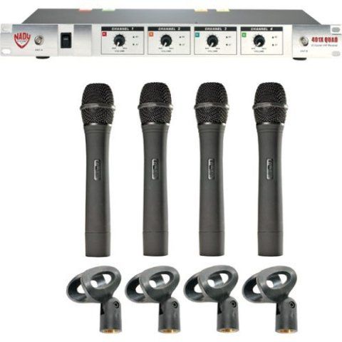 Nady 401X-QUAD-HT A/B/D/N 4-Channel Professional VHF Wireless Hand-Held Microphone System with Frequencies A/B/D/N, 171.905MHz, 185.15MHz, 209.15MHz, 197.15MHz, Four independent VHF receivers in one convenient, rugged, all-metal single rack space housing allows operation of 4 wireless systems at the same time, Off/Standby/On switch allows audio muting the transmitter while maintaining signal integrity (401X QUAD HT 401XQUADHT 401X-QUAD-HT)