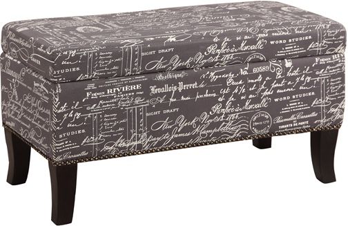 Linon 40454GLIN01U Stephanie Ottoman Grey Linen with Script; Perfect for adding storage and seating to a bedroom, entry or hallway; Script patterned linen top and sides are accented by the dark black finished legs; Ample interior storage space keeps linens, toys, and more hidden, yet easily accessible; UPC 753793935973 (40454-GLIN01U 40454GLIN-01U 40454-GLIN-01U)