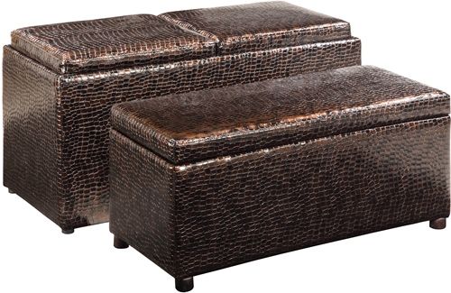 Linon 40461BRN-01-AS-U Brown Croco BOGO Ottoman; Offers storage and functionality for any room in your home; Large ottoman has ample interior space for storing a multitude of items; Top flips, offering a cushioned side for seating and a tray side for storage/display; 275 lbs weight capacity; UPC 753793913551 (40461BRN01ASU 40461BRN-01ASU 40461BRN-01AS-U 40461BRN01-ASU)
