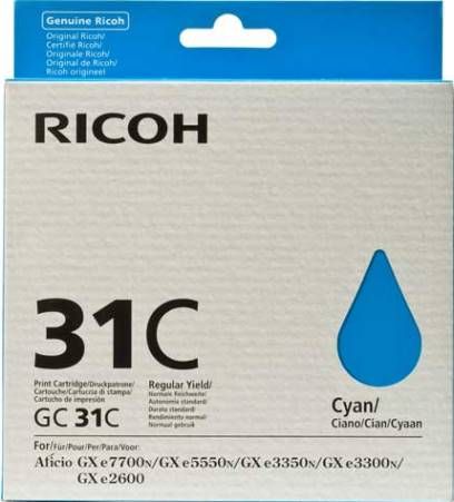 Ricoh 405689 Cyan Inkjet Cartridge for use with Aficio GXE2600, GXE3300N, GXE3350N and GXE7700N Printers; Up to 1920 standard page yield @ 5% coverage; New Genuine Original OEM Ricoh Brand, UPC 026649056895 (40-5689 405-689 4056-89) 