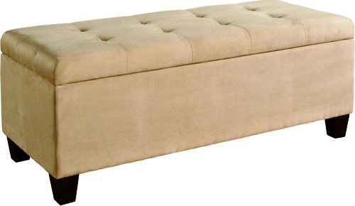 Linon 40602BGE-01-KD-U Carmen Ottoman with Shoe Storage, Beige Microfiber Upholstery, Safety hinge on lid, Ample interior storage space, Side storage pockets provide storage for a multitude of shoes, Plush, cushioned, tufted top, 48