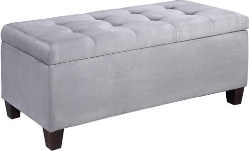 Linon 40602GRY-01-KD-U Carmen Grey Shoe Storage Ottoman; Perfect for placing in a large closet, entry or at the foot of a bed; Grey microfiber upholstery allows this piece to easily complement any dcor style and color scheme; Top tufting details adds an eyecatching accent to the piece; UPC 753793932347 (40602GRY01KDU 40602SGRY-01KD-U 40602GRY01-KDU 40602GRY-01KDU)