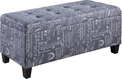 Linon 40602SCRPLIN-01-KD-U Carmen Script Shoe Storage Ottoman; Perfect for placing in a large closet, entry or at the foot of a bed; Script upholstery allows this piece to easily complement any dcor style and color scheme; Top tufting details adds an eyecatching accent to the piece; Once opened, ample interior storage space is revealed; UPC 753793932330 (40602SCRPLIN01KDU 40602SCRPLIN-01KD-U 40602SCRPLIN01-KDU 40602SCRPLIN-01KDU)