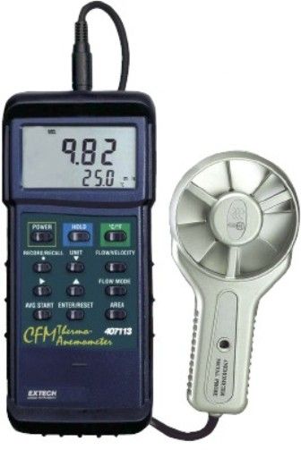 Extech 407113-NIST Heavy Duty CFM Metal Vane Anemometer with NIST Certificate; Display Air Flow (CFM) or Air Velocity plus Temperature simultaneously; Air Flow displayed in 3 modes as an instantaneous value, up to 20 point average or 2/3 flow value; UPC: 793950411131 (407113NIST 407113 NIST 407-113 407 113)