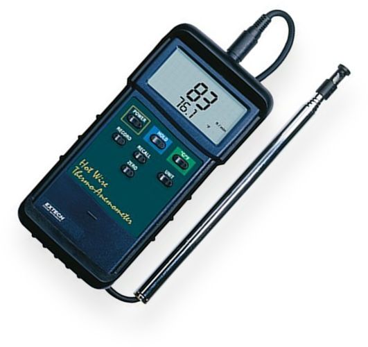 Extech 407123 Heavy Duty Hot Wire Thermo-Anemometer; Telescoping probe is ideal for measuring in HVAC ducts and other small vents, extends up to 4ft long; Display air velocity in meters/second, kilometers/hour, feet/minute, miles/hour, or nautical miles/hour; Degrees Celsius and Degrees Farenheit measurements via precision thermistor; UPC 793950401231 (407-123 407 123)