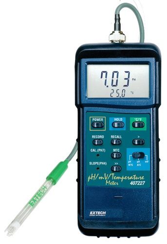 Extech 407228 Heavy Duty pH/mV Temperature Meter Kit, Super Large LCD with contrast adjust, Dual display for pH or mV and Temperature, Degrees C/F switchable, Easy 2 point Slope and Cal adjustments at pH 4 and pH 7, Min, Max and Average with Recall, UPC 793950402283 (407-228 407 228)