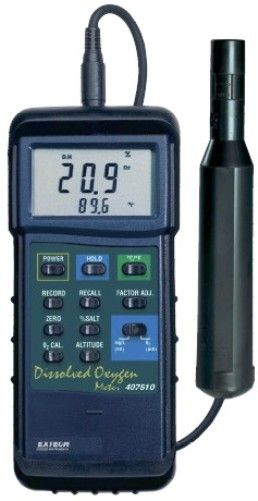 Extech 407510 Heavy Duty Dissolved Oxygen Kit; Super large 1.4 in. LCD display; Dual display of oxygen and temperature; Measures dissolved oxygen from 0 to 20.0mg/L and 0 to 100.0 percent oxygen plus temperature from 32 to 122 Degrees Fahrenheit; UPC 793950405109 (407-510 407 510)