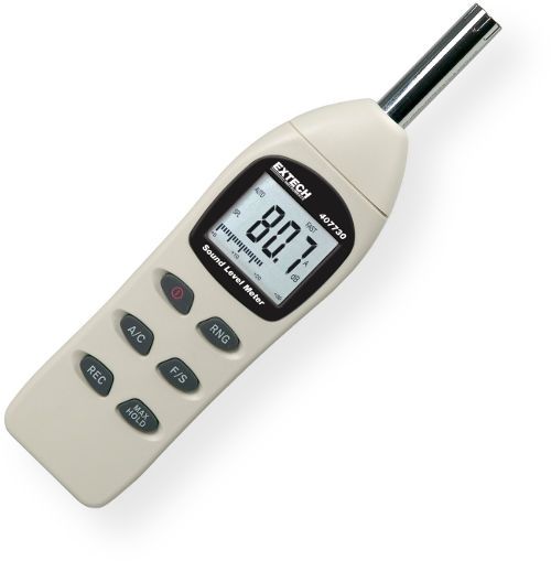 Extech 407730 Digital Sound Level Meter, Analog bargraph with 50dB range updates every 40ms, 2dB accuracy with 0.1dB resolution, A+C weighting, AC analog output, Record Max/Min values over time, Utilizes 0.5