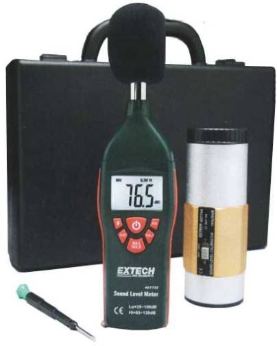 Extech 407732-KIT Type 2 Sound Level Meter Kit, Complete with 407732 Sound Meter, microphone wind screen, calibration screw driver, 9V battery, plus 407744 Sound Calibrator with two 9V batteries and screwdriver, Meets ANSI, and IEC Type 2 standards, UPC 793950408322 (407732KIT 407732 KIT 407-732)