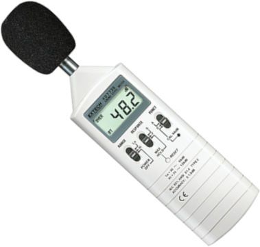 Extech 407736-NIST Digital Sound Level Meter, 1.5dB Accuracy w/NIST; A and C weighting; High (75 to 130dB) and Low (35 to 90dB) measuring ranges; 0.1dB resolution; Fast/slow response; Max Hold with reset button; Dimensions 9.5