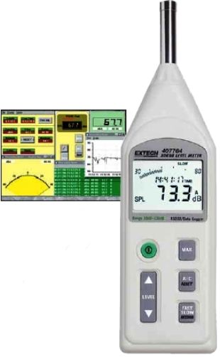 Extech 407764-NIST Sound Lever Meter Datalogger with NIST Certificate, Built-in recorder stores up to 16,000 readings with RS-232 Interface and software to transfer data to a PC, Large LCD with Fast 50 segment bargraph display (407764NIST 407764 NIST 407-764 407 764)