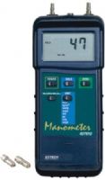 Extech 407910 Heavy Duty Differential Pressure Manometer; Dual differential inputs with internal sensors; Wide (more or less 802 in. of water) measurement range with high resolution; Displays 8 types of pressure units: mbar, psi, kg/cm2, mmHg, inHg, mH2O, inH2O, and atm; Record/Recall MIN and MAX readings; Data Hold and Auto Power off; Zero function for offset measurements; UPC 793950409107 (EXTECH407910 EXTECH 407910 407910PRESSURE MANOMETER) 