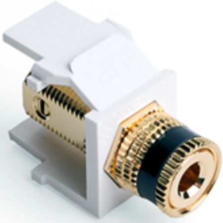 Leviton 40833-BWE Binding Post QuickPort Connector, Black Stripe/White Housing; Fits with Banana Jack connectors; Fits with all QuickPort wallplates, housings, and panels; Screw Terminal; Connector bodies are high-impact, fire-retardant plastic rated UL 94V-0 Binding Post is gold flash-plated 5-15 μm; UPC 078477962411 (40833BWE 40833 BWE)