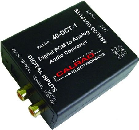 Calrad 40-DCT-1 Digital PCM to Analog Audio Converter, Coaxial and Optical digital audio ports, Right and Left RCA-type Stereo analog output jacks, Digital audio, Two Channel Linear Pulse Code Modulation (LPCM), Frequency response 44.1  192KHz Sample rate, 24-bit incoming bitstream on left and right channels, UPC 601520400204 (40DCT1 40DCT-1 40-DCT1)