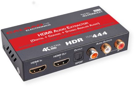  Calrad 40-HDMI-EXT 4K HDR HDMI Audio Extractor (Toslink SPDIF, Coaxial, Left and Right Analog); Black; Extracts digital or analog audio from a single HDMI source at up to resolutions of 4K x 2K at 60 Hertz; Outputs for Analog (Left and Right) analog, digital optical Toslink and coaxial audio signals; UPC 601520400334 (40HDMIEXT 40-HDMI-EXT 40HDMIEXT-CALRAD CALRAD-40HDMIEXT EXTRACTOR40HDMIEXT EXTRACTOR-40HDMI-EXT)