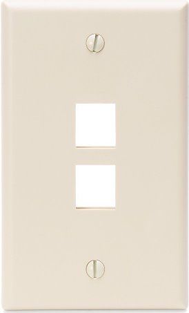Leviton 41080-2TP Single-Gang QuickPort Wallplate with 2-Port, Light Almond, High-Impact Plastic Material, Color-matched wallplate screws, Fits within minimum rectangular NEMA openings, Compatible with all individual QuickPort connectors, Individual port configurability allows specification flexibility, Narrow module width allows high port density in a small area, UPC 078477279434 (410802TP 41080 2TP)