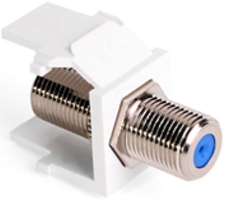 Leviton 41084-FWF Feedthrough QuickPort F-Connector, Nickel Plated/White, Fits with all QuickPort wallplates and housings, Frequency range equals DC-3.0 GHz, Female-female adapter for quick screw-on connections, 360-degree gold-plated seizing pin, 75 ohm impedance, High-Impact Fire-Retardant Plastic Body Material, UPC 078477819982 (41084FWF 41084 FWF)
