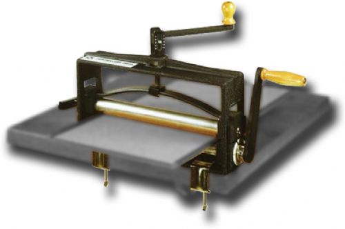Printmasters 4119 Press; Portable and sturdy, providing excellent, even prints from woodcuts, linoleum, and flexible and soft printmaking materials; Adjustable top roller is spring-loaded and self-lifting for easy printing; Can be mounted with C-clamps or permanently attached with bolts; Print bed is 12