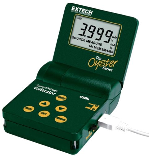 Extech 412355A Current + Voltage Calibrator Provides Adjustable 0 to 24mA and 0 to 10V Calibration Source; 24VDC drives current loads up to 1000ohm, Five preset calibration values for fast calibration; High accuracy 0.075 percent; Oyster case with 
