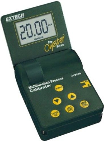 Extech 412400-NIST Multifunction Calibrator with NIST Certificate; Source 0 to 24mA with 0.01mA resolution; Measure 0 to 50mA (0.1mA resolution); Select Type K, J, or T thermocouple for precision calibrations in Degrees Fahrenheit/Degrees Celsius or mV; Output 0 to 1999mV or 0 to 10.00V; Measure 0 to 19.99V; Single/continuous step function for Voltage and Current; UPC: 793950414019 (EXTECH4412400NIST EXTECH 412400-NIST MULTIFUNCTION CALIBRATION)