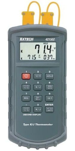 Extech 421502 J/K Dual Thermocouple Thermometer, Large multi-function 4-1/2 digit (20000 count) LCD, Resolution to 0.1 with basic accuracy of 0.05%, Selectable C/F units, water resistant housing, Watertight housing with super large 0.8 (20mm) LCD displays T1, T2 or T1-T2, UPC 793950425022 (421-502 421 502)