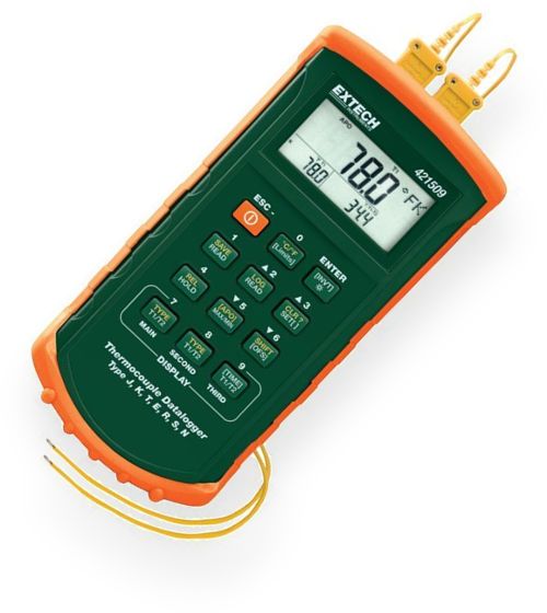 Extech 421509-NIST Dual Input Thermometer with NIST Certificate, Seven Thermocouple type selections: K, J, T, E, R, S, N, Large backlit LCD with two secondary displays for simultaneous T1, T2, T1-T2, Time and advanced readouts (421509NIST 421509 NIST 421-509 421 509)