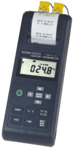 Extech 422324 Dual Input Thermometer Printer with Alarm, Dual Channels scan and display T1, T2, or (T1-T2) and simultaneously prints all 3 readings, Four thermocouple type selections: K, J, T and E, Display in F or C with 0.1F/C resolution, UPC 793950423240 (422-324 422 324)