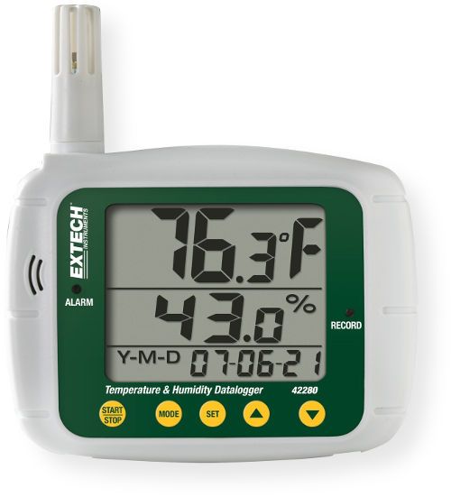 Extech 42280 Temperature and Humidity Datalogger; Triple LCD displays Humidity, Temperature, and date (Year, Month, and Day); Programmable from keypad or PC; Selectable data sampling rate; User programmable audible and visual alarms; Wall, desktop, or tripod mount; Calibration via optional salt bottles; Complete with Windows compatible software, USB cable, 110V AC adaptor, and four AA batteries; UPC 793950422809 (EXTECH42280 EXTECH 42280 TEMPERATURE HUMIDITY)