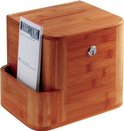 Safco 4237CY Bamboo Suggestion Box, Cherry, Clear acrylic display that allows you to customize your message and a side compartment area to store pens and Suggestion Cards (25 cards included), Keyed Alike, 2 Keys Included, Included Mounting Hardware, Bamboo Material, Display Area 8 1/2